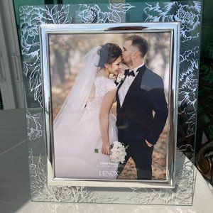 Lenox Silver Peony 8 x 10" Picture Frame w Etched Floral Applique-Made in Italy